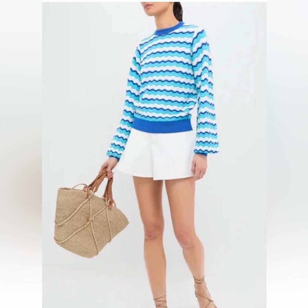 NWT Tuckernuck Hyacinth House Aqua Wavy Stripe Callie Crewneck Top S Small